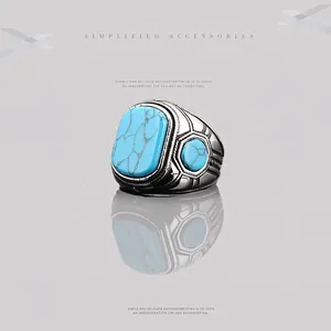 Anillo de Turquesa de Acero de Titanio para Hombre Vintage Retro Hip Hop Gothic Band Ring Para Aniversario Compromiso Joyería