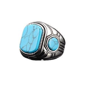 Anillo retro para hombre de acero de titanio con gran turquesa rectangular incrustada