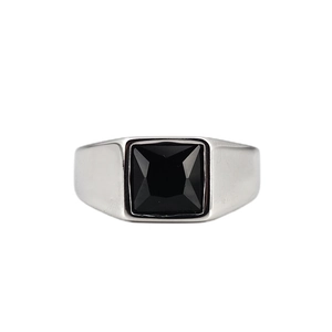 Polished silver stainless steel ring featuring a square cut black gemstone inlay
