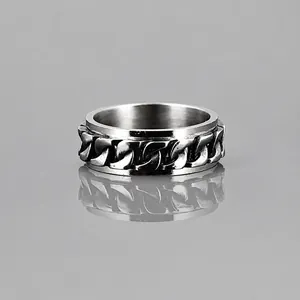 Retro Stainless Steel Spinner Ring Rotatable Cuban Chain Band Ring Bottle Opener Stress Relief Punk Jewelry For Men Women