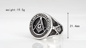 Detail view of Freemasonry ring showing 19.5g weight and 21.4mm face height