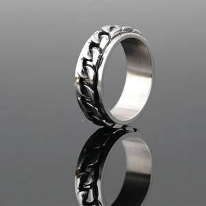 Silver industrial steel spinner ring with punk cuban chain texture for men and women