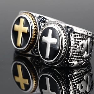 Vintage Stainless Steel Cross Signet Ring For Men Gothic Black Enamel Religious Praying Hands Biker Band Jewelry