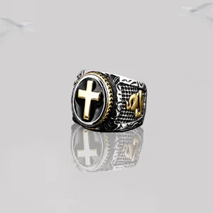 Retro stainless steel cross ring for men with black enamel inlay and gold relief details
