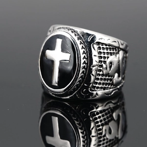 Vintage gothic men's stainless steel ring with black oval insert and silver cross relief