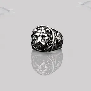 Vintage oxidized silver tiger head ring for men with detailed engraving and cool punk style