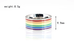 Makrodetail der Regenbogen-Emaille-Streifen auf dem polierten Edelstahlring, 9.9mm Breite