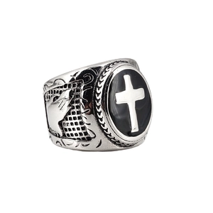Retro stainless steel cross ring for men featuring prayer hands and black enamel detail