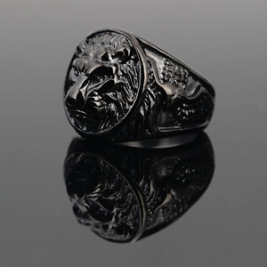 Vintage oxidized titanium steel lion head ring with detailed 3D relief carving