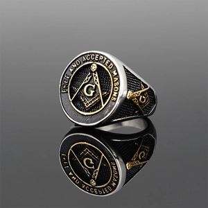 Retro Masonic signet ring in silver and gold steel with G compass symbol