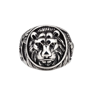 Vintage oxidized titanium steel lion head ring for men with punk rock carved details