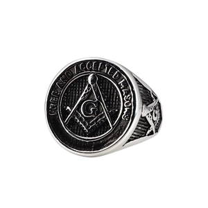 Retro stainless steel Freemason signet ring with compass and square G symbol for men