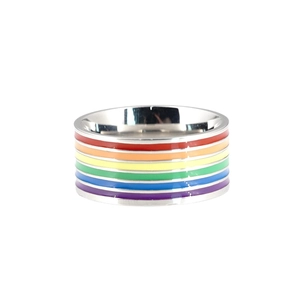 Regenbogen Ring aus Edelstahl mit farbigen Streifen und poliertem Silber-Finish