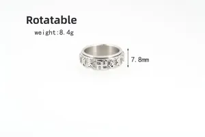 Macro view of rotatable stainless steel ring with mantras, width 7.8mm, weight 8.4g