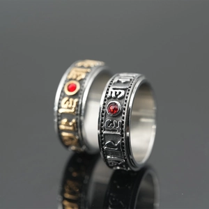 Rotatable Six Character Mantra Ring Vintage Stainless Steel Buddhist Spinner Ring With Red Zircon For Men Women Religious Jewelry