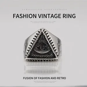 Retro Stainless Steel All-Seeing Eye Triangle Ring Gothic Cross Punk Religious Biker Band Ring For Men Women Jewelry