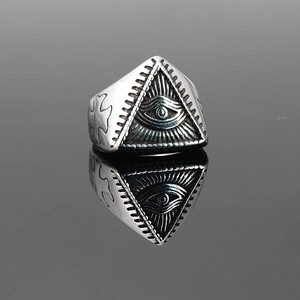 Men's titanium steel Eye of Horus ring with silver finish and side cross engraving