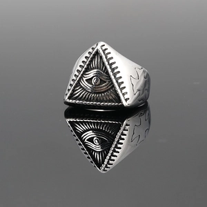 Mens vintage stainless steel ring featuring Eye of Providence and side cross relief