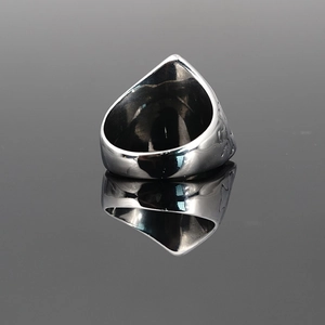Polished silver titanium steel Eye of Horus ring with wide band and embossed details