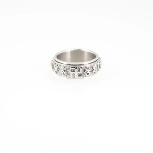 Vintage rotatable stainless steel Buddhist ring with embossed Mantra and Swastika symbols
