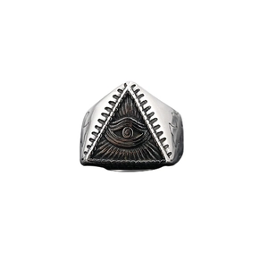 Vintage stainless steel Eye of Horus triangle ring with antique silver finish for men
