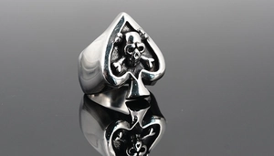 Close-up of a vintage punk skull and crossbones motif within a spade ring design