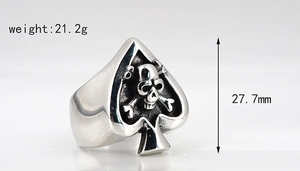 Detailed view of punk skull spade ring with weight 21.2g and height 27.7mm measurements
