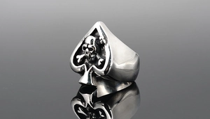 Macro shot of polished silver skull and crossbones spade ring with gothic punk texture