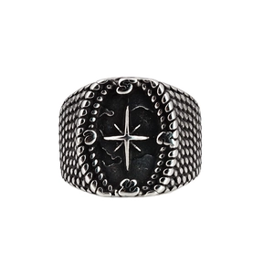 Vintage stainless steel compass ring with N S E W engraving and cross star pattern