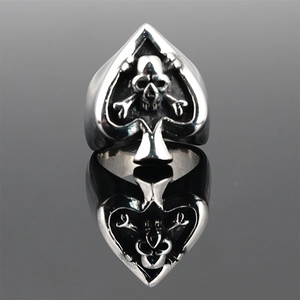 Vintage punk skull ring featuring a black spade relief on polished silver metal