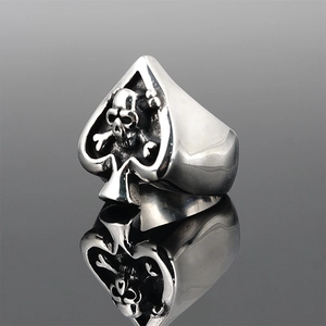 Retro punk skull and crossbones spade ring with silver finish and black details