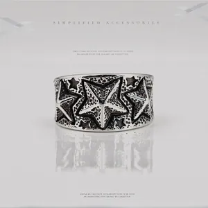 Bague en Acier Inoxydable avec Étoiles en Relief Vintage Hip Hop pour Hommes Punk Rétro Large Bijoux Cadeau