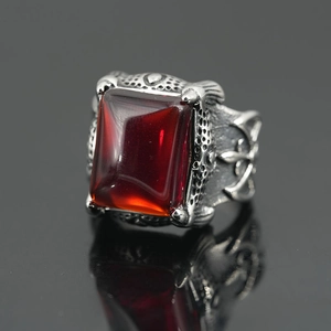 Vintage Herren Punk Edelstahl Ring Distressed Gotik Biker Kreuz Siegelring Rechteck Rot Strass Eingelegt Schmuck