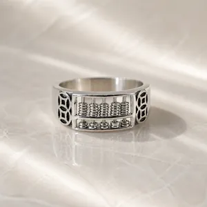 Retro stainless steel ring with abacus and coin relief design for men in vintage silver