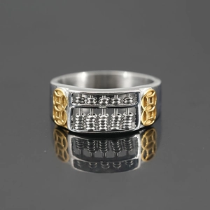 Abacus ring with gold coins and polished stainless steel finish for men's vintage style