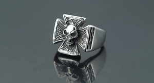Macro shot of vintage silver skull ring with Iron Cross detail and antique finish