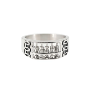 Retro stainless steel abacus ring with vintage copper coin engravings in silver finish