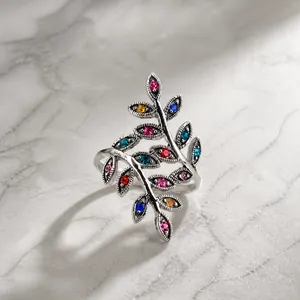 Vintage silver-tone branch ring with colorful zircon gemstones in a nature-inspired design