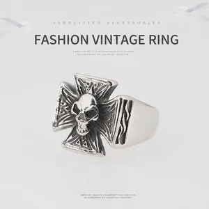 Men's Vintage Punk Skull Ring Titanium Steel Iron Cross Biker Ring Gothic Hip Hop Domineering Band Ring For Men Size 7-13