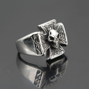 Gothic skull on iron cross biker ring in vintage silver finish for men