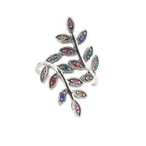 Vintage oxidized silver leaf ring with colorful gemstones in a nature vine design