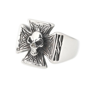 Gothic punk hip hop ring with Maltese cross and skull design in distressed silver finish