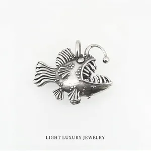 Retro titanium steel anglerfish pendant necklace with detailed punk style metalwork