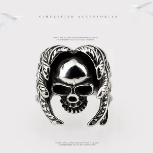 Retro stainless steel skull ring with wing carving details for men in silver finish