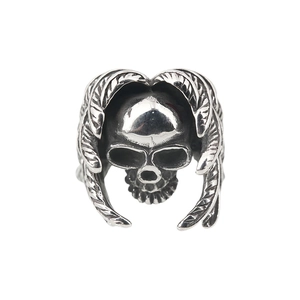 Vintage gothic skull ring with symmetrical wings in oxidized stainless steel finish