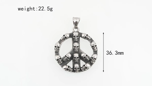 Detail showing vintage steel peace sign pendant with skull accents and size dimensions