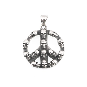 Retro stainless steel anti-war peace sign pendant with thirteen small 3D skull details