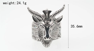 Detailed view of goat head ring with pentagram showing 35.6mm height and 24.1g weight