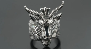 Macro shot of gothic ram head ring with pentagram detail and vintage steel finish