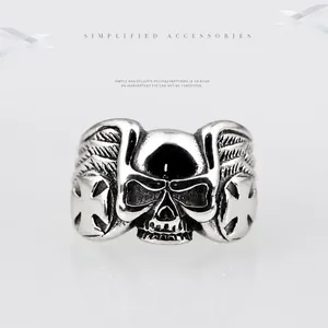 Men Vintage Punk Skull Ring Distressed Titanium Steel Gothic Biker Wings Cross Finger Ring Halloween Jewelry Gift For Men
